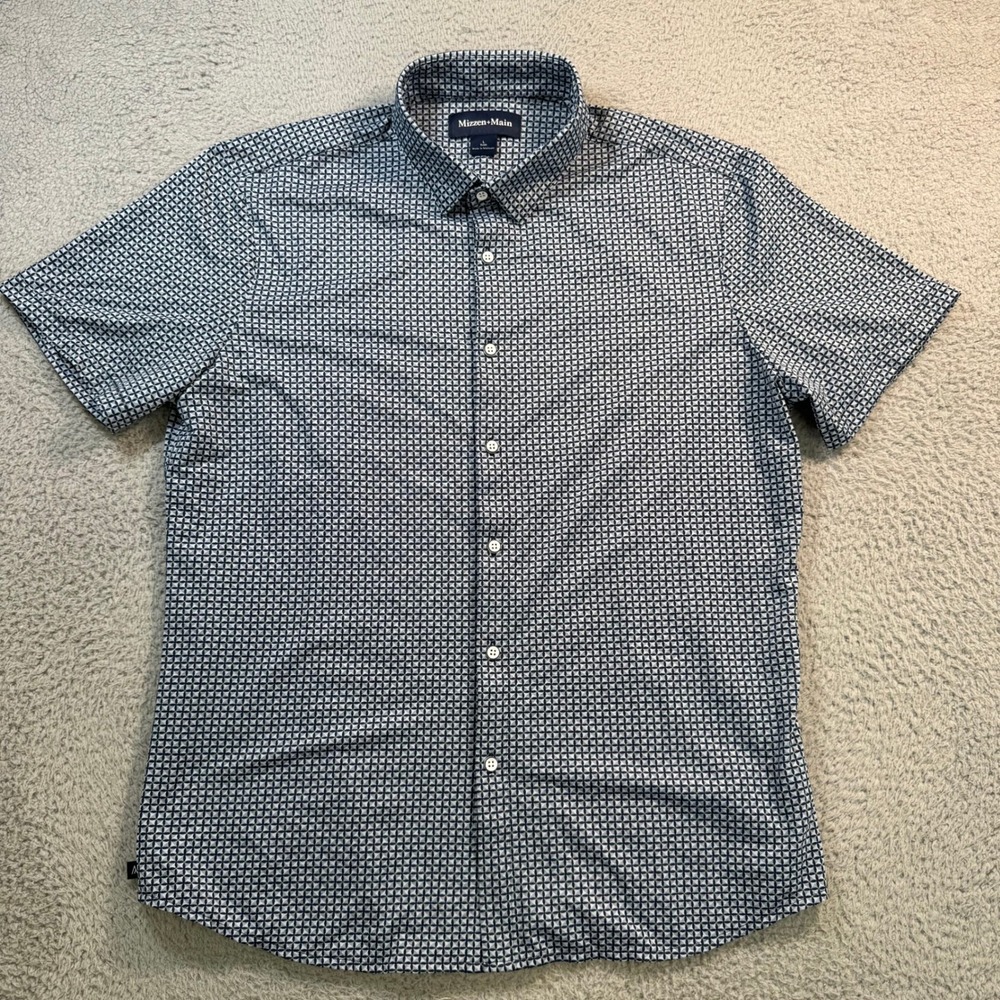 Mizzen+Main Mens Large Trim Fit Short Sleeve Button Down Shirt Geometric Stretch